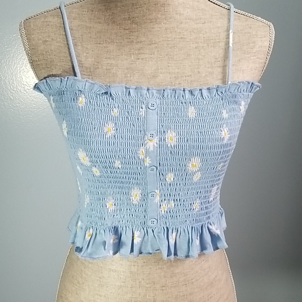 PacSun Blue Floral Smocked Ruffle Hem Crop Size Medium NWT